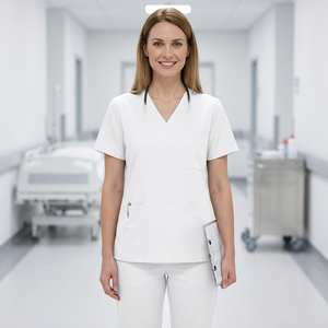 Blouses et chemises d'hôpital pour femmes, col en V, en coton et polyester tissé, couleur blanche - Product Image 1
