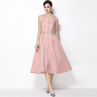 Elegante Vestido de Mujer para Primavera y Otoño, Sin Mangas, con Decoración de Botones de Diamantes, Vestido Rosa de Lino