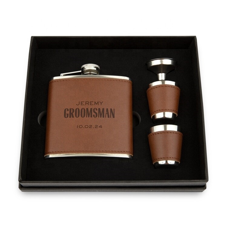 2024 Cá Nhân Hoá Tùy Chỉnh Quà Tặng Cao Cấp 6Oz/7Oz Laserable Giả Da Người Đàn Ông Hip Flask Groosman Flask Món Quà Thiết Lập Với Ly Và Phễu