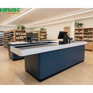 Wood Grain POS <b>Checkout</b> <b>Counter</b> Retail Cashier Desk with Hinged Payment Table for Supermarket Store - Product Image 3