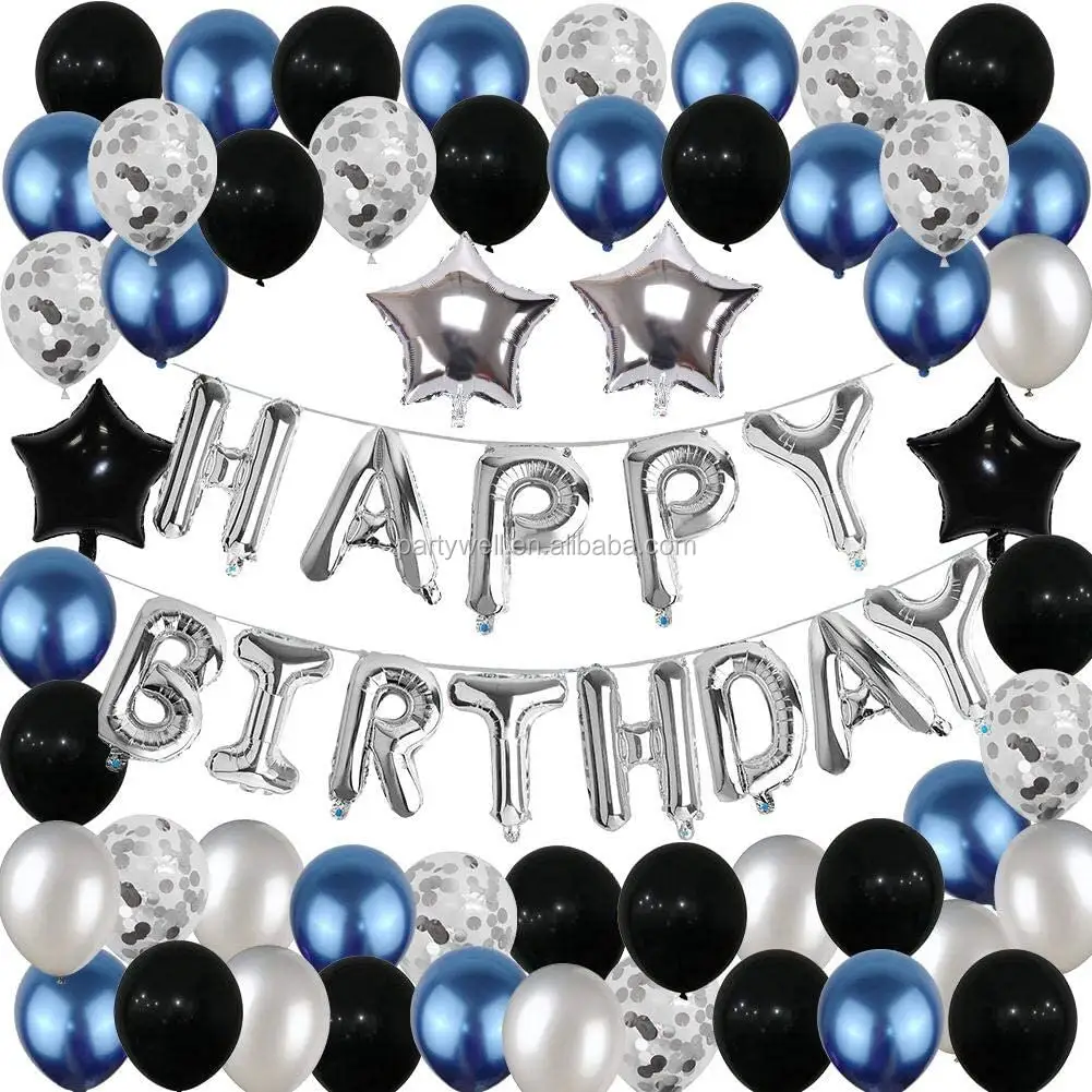 Decoraciones de cumpleaños feliz cumpleaños globo Banner fiesta negro de plata de aluminio azul confeti globos Decoración