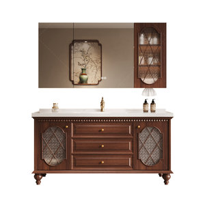 Traditional Solid Wood Bathroom <b>Vanity</b> with Ceramic Basin and Framed <b>Mirror</b> 60 In Floor Standing Dark Finish - Product Image 1