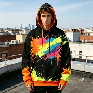 Customization Hand Drawn Drawstring French Terry Boxy Vintage 450GSM Screen Print Black Pockets Zip Street wear Hoodies for Men - Product Image 3