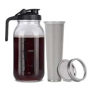 Cold Brew Mason Jar iced Coffee Maker 64 oz With Handle Stainless Steel Filter for Homemade Fruit Drinks Container