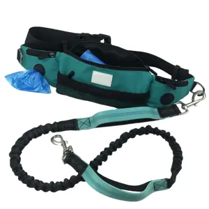 Custom Reflective Nylon Hands Free Dog Leash with pouch Adjustable Bungee Dog Running Walking Leash