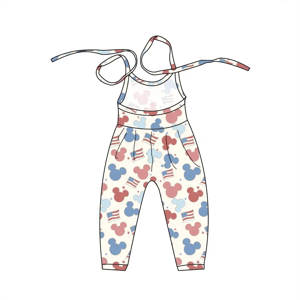 Qinglii ODM Custom Baby jumpsuit Patriotic Day print Toddler jumpsuit tied backless sleeveless milk silk
