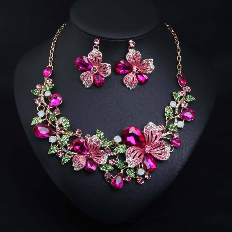 XLNK134 High Quality Wedding Jewelry Set Flower Necklace Earrings Jewelry  Set Women's Rhinestones Jewelry Set