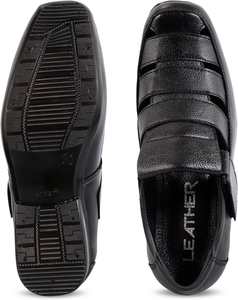 Sandales décontractées en cuir véritable noir pour hommes, design élégant à enfiler, respirabilité améliorée, ajustement flexible, semelle intérieure rembourrée - Product Image 3