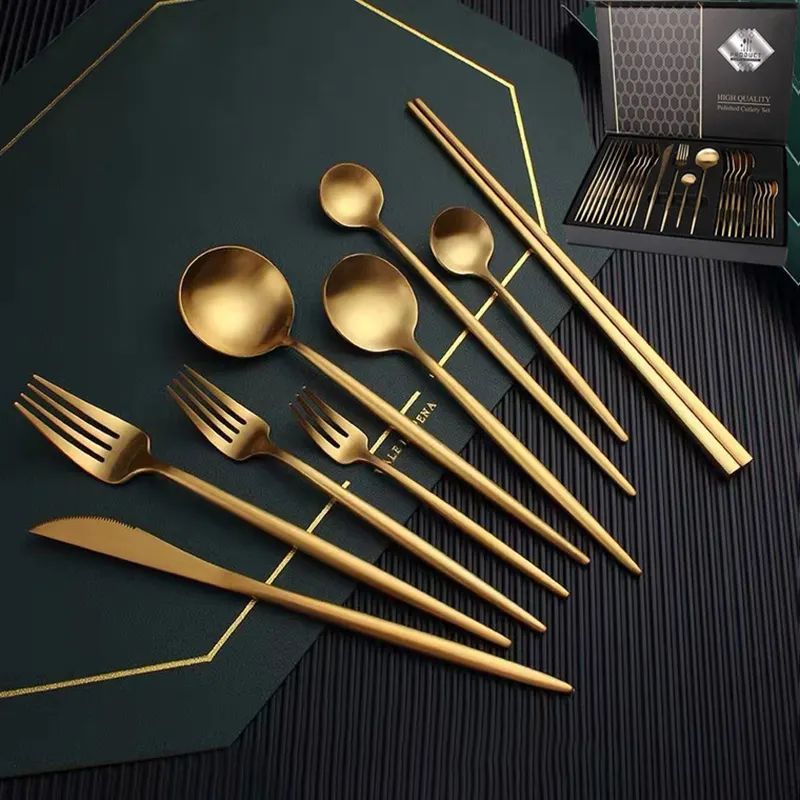 Cuchara moderna, tenedor, cuchillo, juego de cena de cocina, juego de cuchara y tenedor de lujo, juego de cubiertos de oro inoxidable para boda