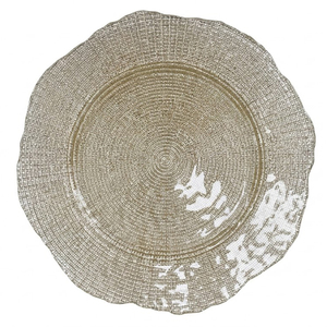Assiette de présentation ronde texturée en verre or champagne de 13 pouces, bord ondulé irrégulier, pour décoration de table de mariage, vente en gros - Product Image 6