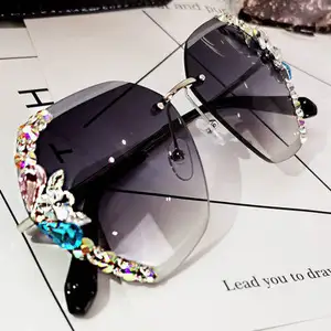 Hot Metal Ladies Rimless Glitter Big Frame Oversized Square Bling Diamond Trendy Sunglasses 2024 Women