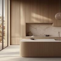 Cuisine moderne modulaire sur mesure avec îlot de cuisine en bois grainé de luxe, portes en bois massif/MDF/PVC, plan de travail en quartz