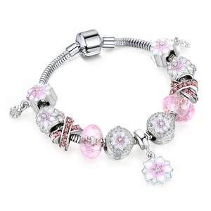 Joyería de Moda para Mujer, Brazalete de Corazón en Oro Rosa, Brazalete con Cuentas Rosadas y Dijes de Flores de Circonio para Mujer - Product Image 5