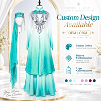 Costume de danse folklorique ethnique moderne professionnel, robe de scène bleu-vert dégradé avec broderie et ensemble de manches transparentes