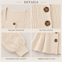 Cardigan en maille personnalisé pour femme, col carré, ourlet peplum, boutonné, manches bouffantes, coupe ajustée, pour le quotidien