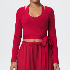 2 Piece <b>Yoga</b> <b>Set</b> V Neck Long Sleeve Self-Tie Wrap Crop Top High Waist Drawstring Shorts Solid Color Breathable Spandex Polyester - Product Image 3