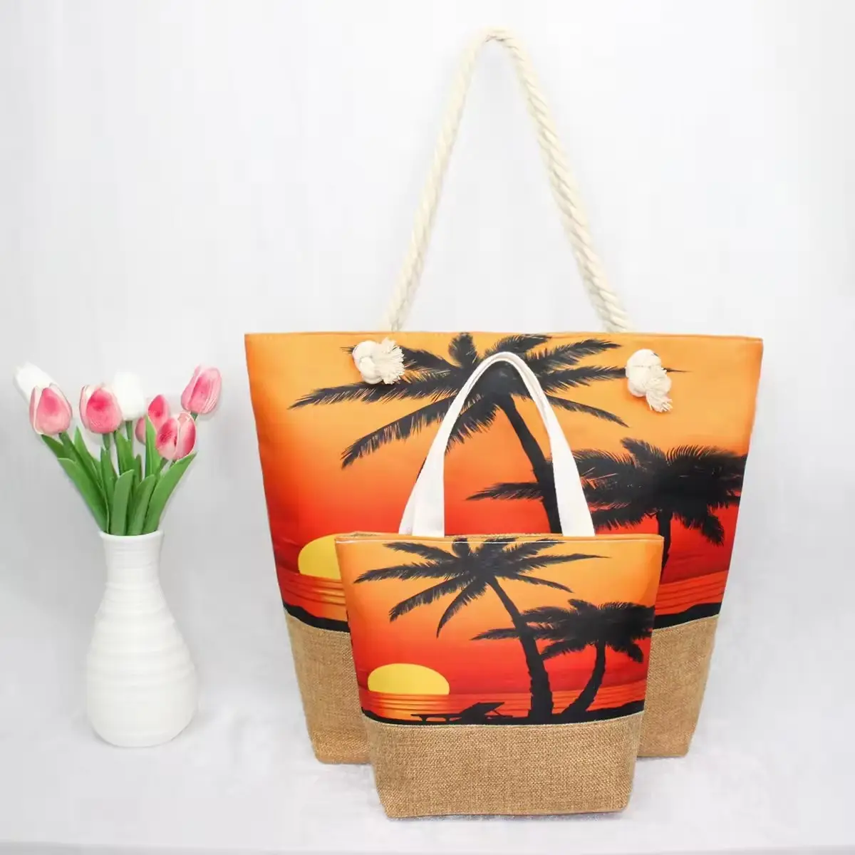 Summer Fashion Canvas Shopping Shoulder Bag Large Capacity Coconut Tree Printed Cotton Beach Tote Bag for Women