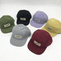 Casquette de camping 5 panneaux en nylon non structurée avec logo tissé personnalisé, ajustable, unisexe, pour hommes et femmes, pour sports de plein air, style Dad Hat