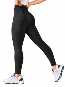 High Waist Solid Black Yoga <b>Leggings</b> Full Length with <b>Pockets</b> Seamless Breathable Four-Way Stretch Pants - Product Image 1
