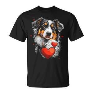 Camiseta del Día de San Valentín con diseño de corazón de perro pastor australiano, color negro, unisex - Product Image 1