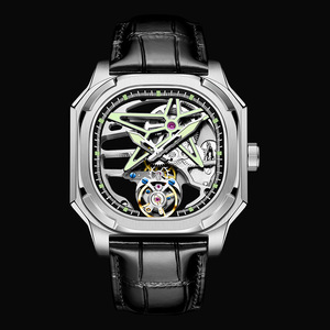 Montre de luxe squelette carrée à tourbillon pour homme, cadran étoilé ajouré, bracelet en cuir noir, montre-bracelet mécanique rétro - Product Image 1