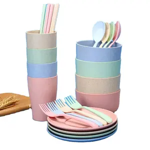 Set di stoviglie di paglia di grano infrangibile eco-friendly all'ingrosso riutilizzabili posate in plastica Set di stoviglie