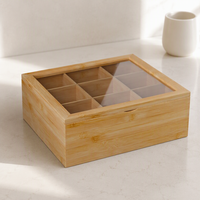 Boîte de rangement à thé en bambou avec logo personnalisé, couvercle coulissant transparent, organisateur multi-compartiments pour sachets de thé, coffret cadeau, vente en gros