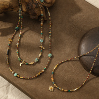 Collier à plusieurs rangs en acier inoxydable plaqué or 18 carats, nouveau design, perles, pendentif vintage en pierre naturelle soleil lune, bijoux