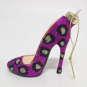 Zapatos de tacón alto con estampado de leopardo y purpurina rosa en miniatura, cristal soplado, adornos colgantes para árbol de Navidad