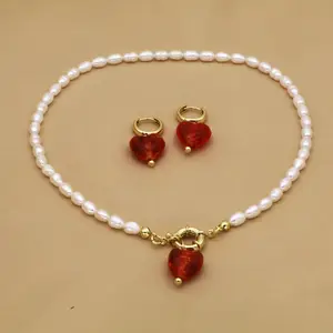 2pcs套珍珠饰品套装复古珠子项链心形耳环女性时尚饰品套装情人节礼物
