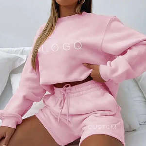 Ensemble de sport décontracté pour femmes en polyester avec logo personnalisé ODM/OEM, haut et short, ensemble de sweat-shirt uni à col rond - Product Image 3