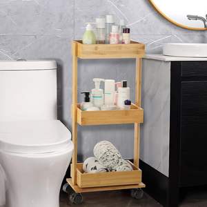 Chariot utilitaire roulant en bambou à 3 niveaux pour bureau, salle de bain, cuisine, buanderie, endroit étroit - Product Image 4