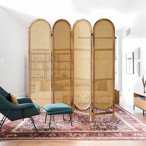Paravent pliable multifonctionnel de style fusion moderne, à 4 volets, avec surface en <span class=keywords><strong>bois</strong></span> et design en rotin naturel - Product Image 2
