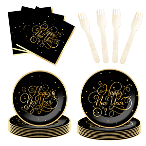 DAMAI New Years Eve Party Supplies Happy New Year Tableware Set <b>Disposable</b> Paper Plates Paper Cup Napkins and Wooden Cutlery - Product Image 4