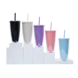 Custom Wholesale Bulk Color Plastic Cold Acrylic Travel Plastic Double Wall Milk Tea Mug Tumblers With Straw And Lid