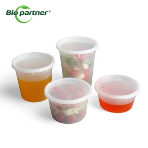बायोपार्टनर डिस्पोजेबल पीपी प्लास्टिक डेली सूप कप सलाद ड्रेसिंग डेली पॉट ढक्कन के साथ भाग खाद्य भंडारण कंटेनर