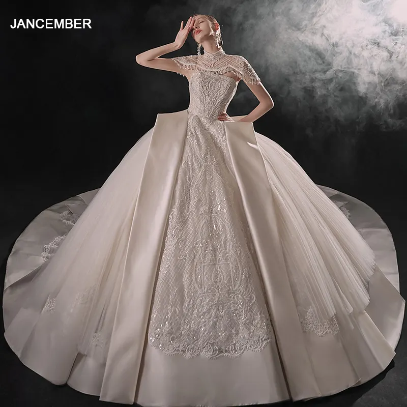 2024 Luxe Satijnen Kanten Strapless Prinses Trouwjurk Met Bolero Kapel Trein Elegante Vrouwen Bruidsjurken Lsmx063