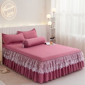 Stile europeo e americano tinta unita principessa pizzo gonna tre pezzi Set lenzuola 100% poliestere - Product Image 1