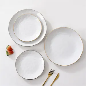 High-end product luxury wedding round glossy white dinnerware salad dinner ceramic plate with golden platinum rim