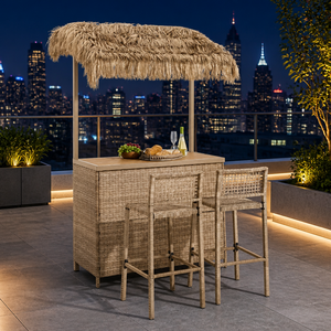 Ensemble de bar de piscine en acier robuste, ensemble bistrot en rotin PE avec design Tiki Hut - Product Image 3