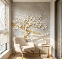 Papier peint mural 3D personnalisé en relief d'arbre doré et de magnolia blanc, idéal pour la décoration murale de luxe des villas, halls d'hôtels et appartements.