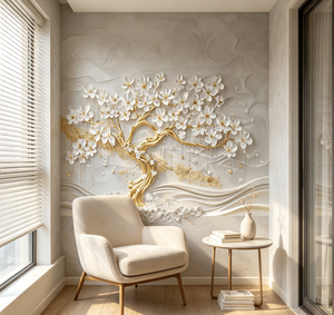 Murale 3D Personalizzato con Albero Dorato e Magnolia Bianca in Rilievo, Carta da Parati di Lusso per Villa, Hotel, Appartamento - Product Image 3