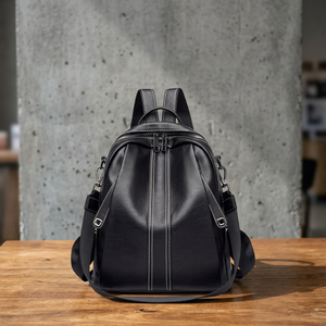 Minimalist Leather Backpack Saffiano Pattern <b>Zip</b> Closure Unisex Daily Use Durable Design Two Shoulder Straps - Product Image 4