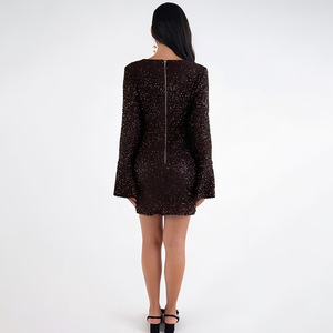 <b>Sequined</b> Dress V-neck Long Sleeve <b>Flared</b> Slim Fit Short Skirt With Bow Cut-out Detail For Evening Wear - Product Image 4