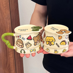 Cute Animal Graffiti <b>Ceramic</b> <b>Mug</b> With Lid, High Aesthetic Lovely Water Cup for Girls Students Office Daily Use - Product Image 4