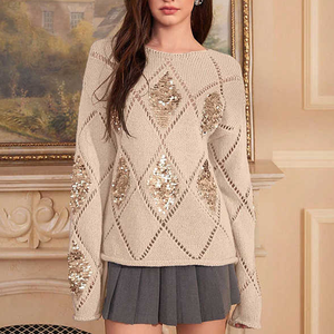 Usine personnalisée Vente en gros Femmes <span class=keywords><strong>Pull</strong></span> à manches longues <span class=keywords><strong>Pull</strong></span> tricoté Mode Paillettes Scintillantes <span class=keywords><strong>Pull</strong></span> élégant évidé - Product Image 2