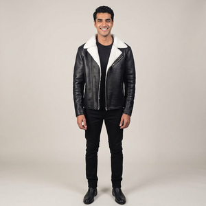 <b>Men</b> Custom Coated Leather Stand Collar Black <b>White</b> Faux Fur <b>Jacket</b> with Custom Logo Embroidery Plus Size Wholesale - Product Image 1
