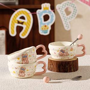 Cute Cartoon <b>Ceramic</b> <b>Mug</b> With Spoon Heart Handle For Coffee Milk Tea Breakfast Office Home Use Single Cup - Product Image 5