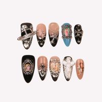 Faux ongles à presser robustes, style Baroque Rétro, forme Stiletto, Amande, en acrylique et métal, avec motifs Saturne, Croix, Ange, Cadre de peinture à l'huile et Strass