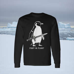 T-shirt a maniche lunghe Fight Or Flight Penguin, vestibilità classica, nera, unisex, girocollo, stampa serigrafica - Product Image 2